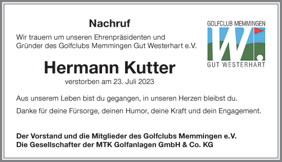 Traueranzeige von Hermann Kutter von Memminger Zeitung