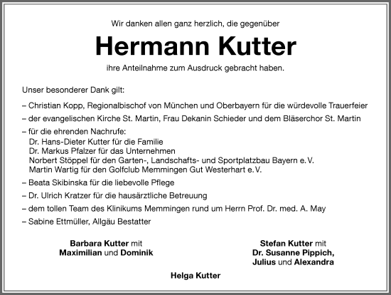 Traueranzeige von Hermann Kutter von Memminger Zeitung