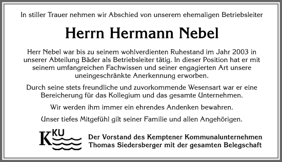 Traueranzeige von Hermann Nebel von Allgäuer Zeitung,Kempten