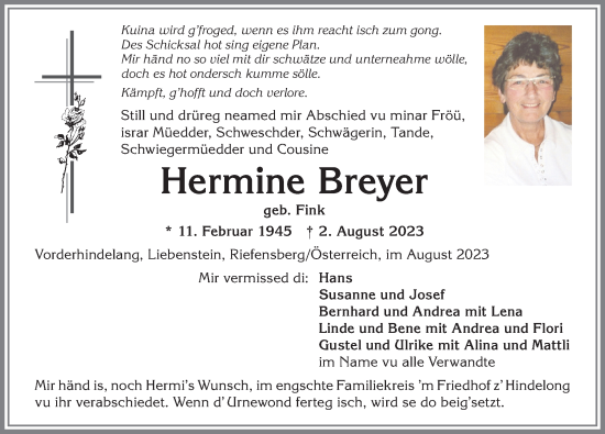 Traueranzeige von Hermine Breyer von Allgäuer Anzeigeblatt