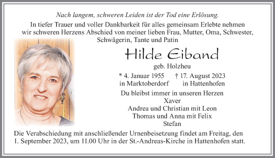 Traueranzeige von Hilde Eiband von Allgäuer Zeitung, Marktoberdorf