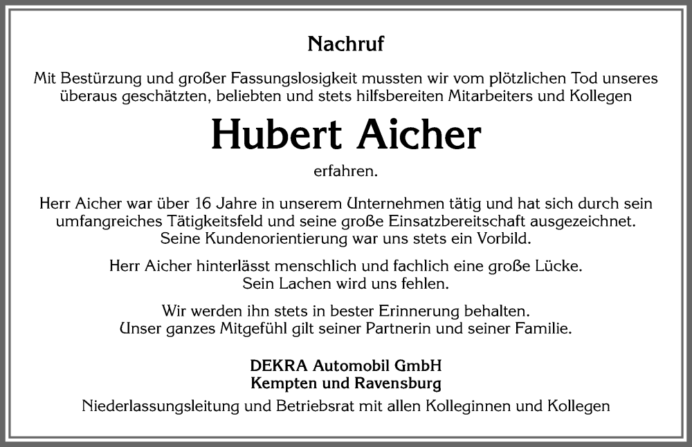  Traueranzeige für Hubert Aicher vom 31.08.2023 aus Allgäuer Zeitung,Kempten