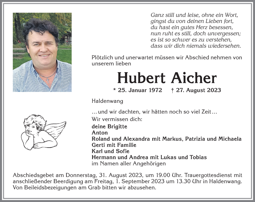  Traueranzeige für Hubert Aicher vom 30.08.2023 aus Allgäuer Zeitung,Kempten