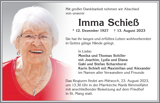 Traueranzeige von Imma Schieß von Allgäuer Zeitung,Kempten
