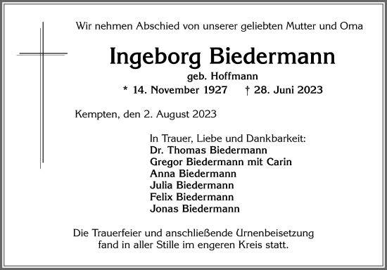 Traueranzeige von Ingeborg Biedermann von Allgäuer Zeitung,Kempten