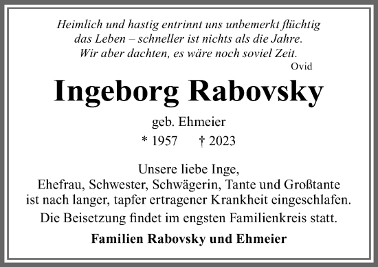 Traueranzeige von Ingeborg Rabovsky von Allgäuer Zeitung, Marktoberdorf