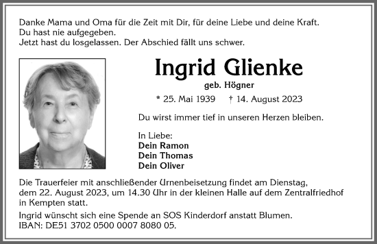 Traueranzeige von Ingrid Glienke von Allgäuer Zeitung,Kempten