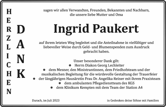 Traueranzeige von Ingrid Peukert von Allgäuer Zeitung,Kempten