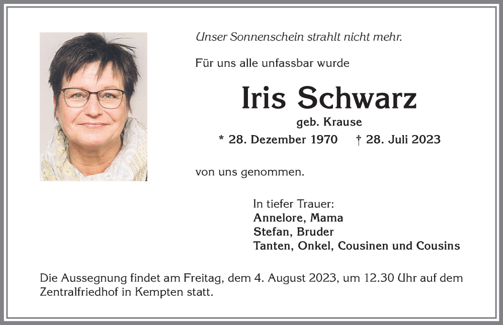  Traueranzeige für Iris Schwarz vom 02.08.2023 aus Allgäuer Anzeigeblatt