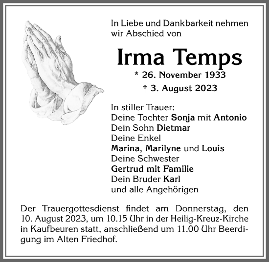 Traueranzeige von Irma Temps von Allgäuer Zeitung, Kaufbeuren/Buchloe