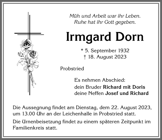 Traueranzeige von Irmgard Dorn von Allgäuer Zeitung,Kempten