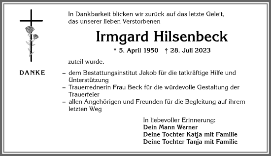 Traueranzeige von Irmgard Hilsenbeck von Allgäuer Zeitung,Kempten