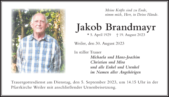 Traueranzeige von Jakob Brandmayr von Der Westallgäuer