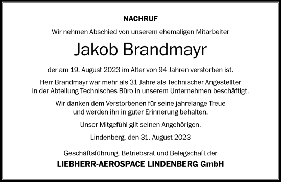 Traueranzeige von Jakob Brandmayr von Der Westallgäuer