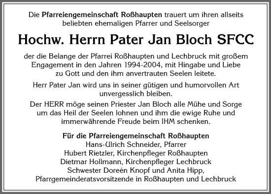 Traueranzeige von Jan Bloch von Allgäuer Zeitung, Füssen