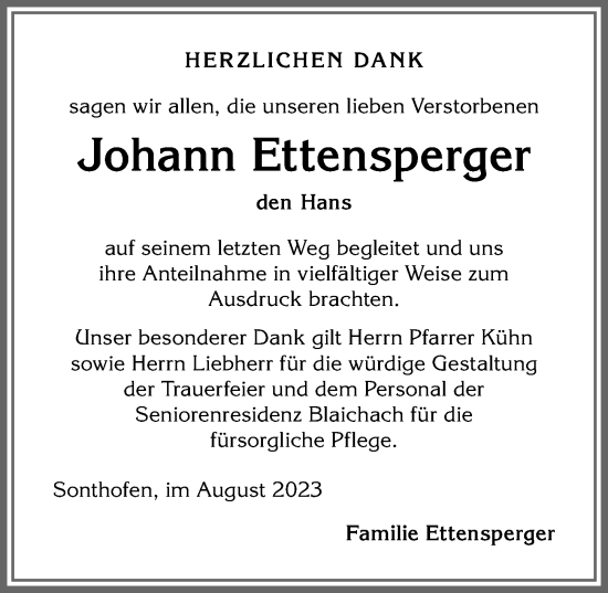 Traueranzeige von Johann Ettensperger von Allgäuer Anzeigeblatt