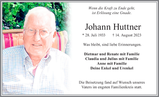 Traueranzeige von Johann Huttner von Allgäuer Zeitung, Marktoberdorf