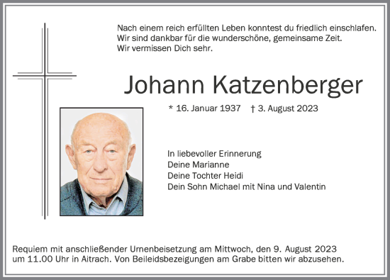 Traueranzeige von Johann Katzenberger von Memminger Zeitung