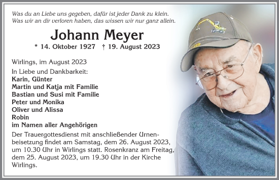 Traueranzeige von Johann Meyer von Allgäuer Zeitung,Kempten