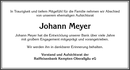 Traueranzeige von Johann Meyer von Allgäuer Zeitung,Kempten