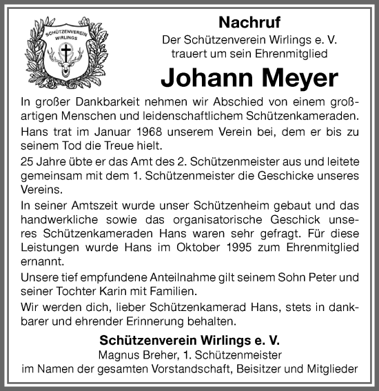 Traueranzeige von Johann Meyer von Allgäuer Zeitung,Kempten