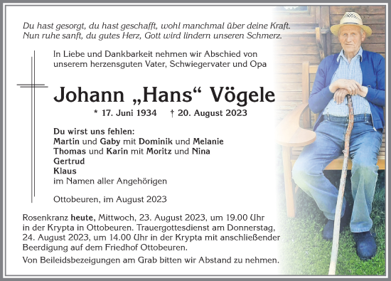 Traueranzeige von Johann Vögele von Memminger Zeitung