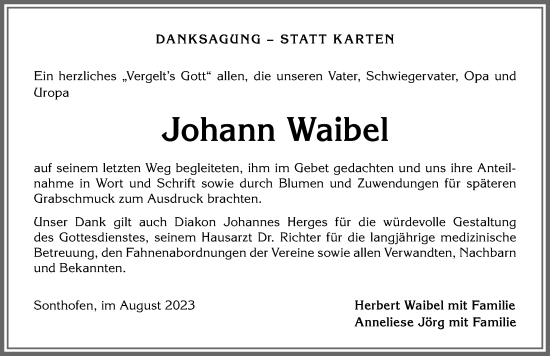 Traueranzeige von Johann Waibel von Allgäuer Anzeigeblatt