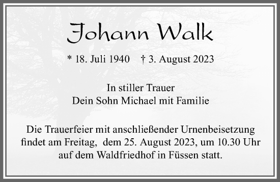 Traueranzeige von Johann Walk von Allgäuer Zeitung, Füssen