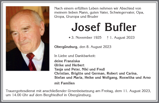 Traueranzeige von Josef Bufler von Allgäuer Zeitung, Marktoberdorf