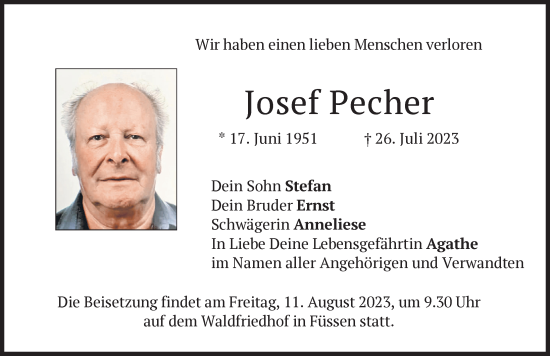 Traueranzeige von Josef Pecher von Allgäuer Zeitung, Füssen
