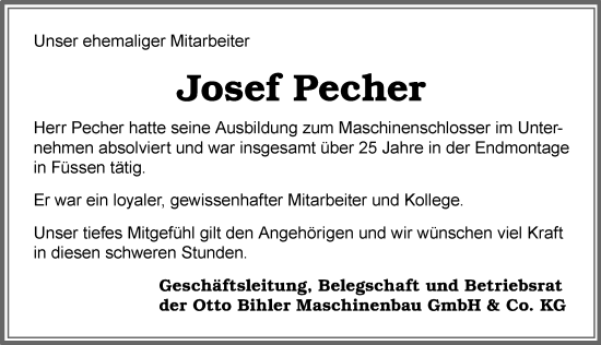 Traueranzeige von Josef Pecher von Allgäuer Zeitung, Füssen
