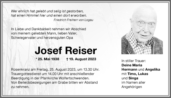 Traueranzeige von Josef Reiser von Memminger Zeitung
