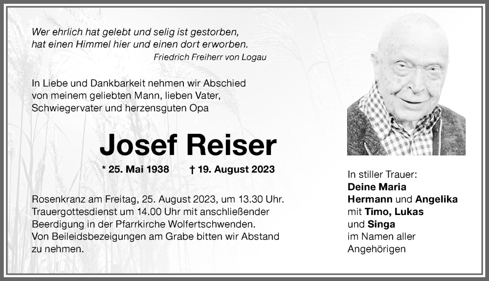  Traueranzeige für Josef Reiser vom 22.08.2023 aus Memminger Zeitung