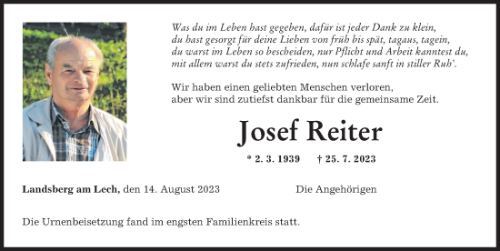 Traueranzeige von Josef Reiter von Allgäuer Zeitung, Füssen