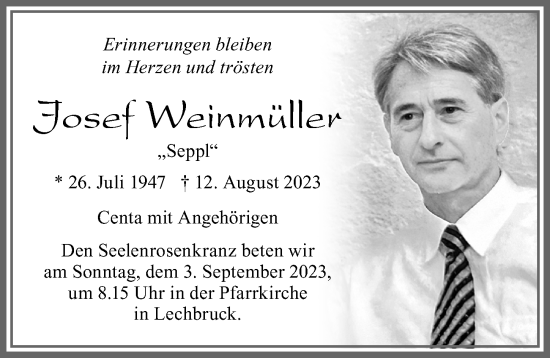 Traueranzeige von Josef Weinmüller von Allgäuer Zeitung, Füssen