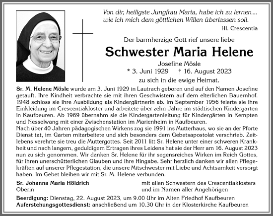 Traueranzeige von Josefine Mösle von Allgäuer Zeitung, Kaufbeuren/Buchloe