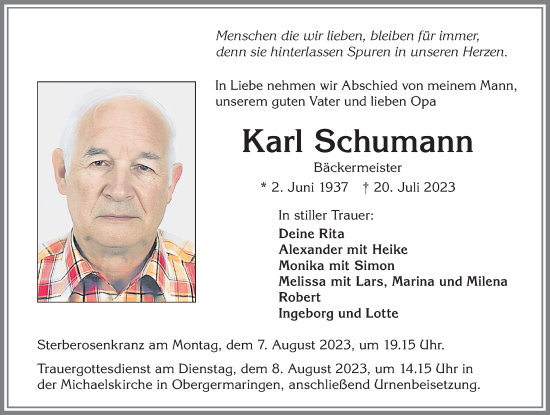 Traueranzeige von Karl Schumann von Allgäuer Zeitung, Kaufbeuren/Buchloe
