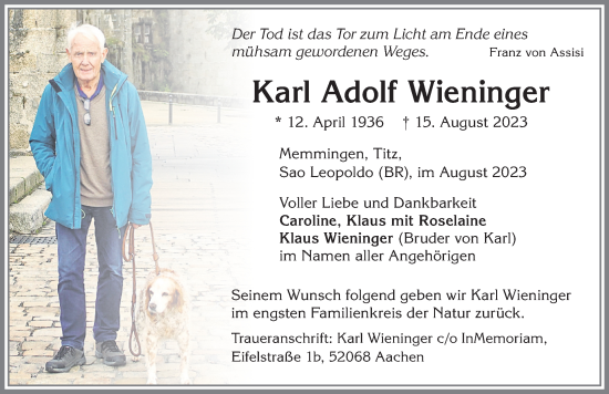 Traueranzeige von Karl Adolf Wieninger von Memminger Zeitung
