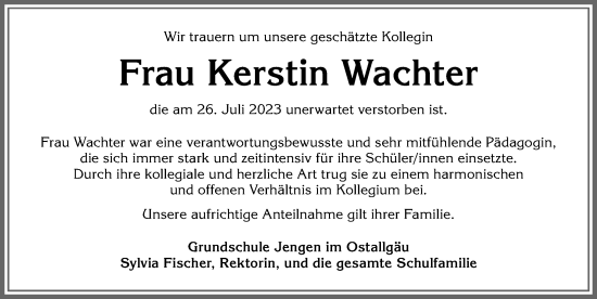 Traueranzeige von Kerstin Wachter von Allgäuer Zeitung, Kaufbeuren/Buchloe