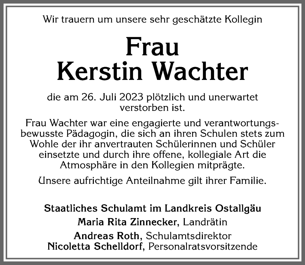  Traueranzeige für Kerstin Wachter vom 05.08.2023 aus Allgäuer Zeitung, Kaufbeuren/Buchloe