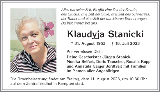 Traueranzeige von Klaudyja Stanicki von Allgäuer Anzeigeblatt