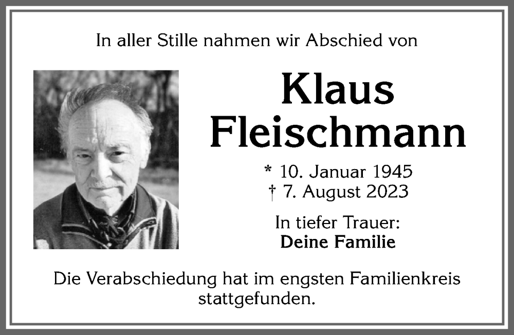  Traueranzeige für Klaus Fleischmann vom 26.08.2023 aus Allgäuer Zeitung, Kaufbeuren/Buchloe