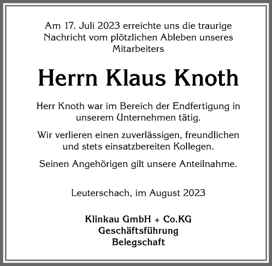 Traueranzeige von Klaus Knoth von Allgäuer Zeitung, Marktoberdorf