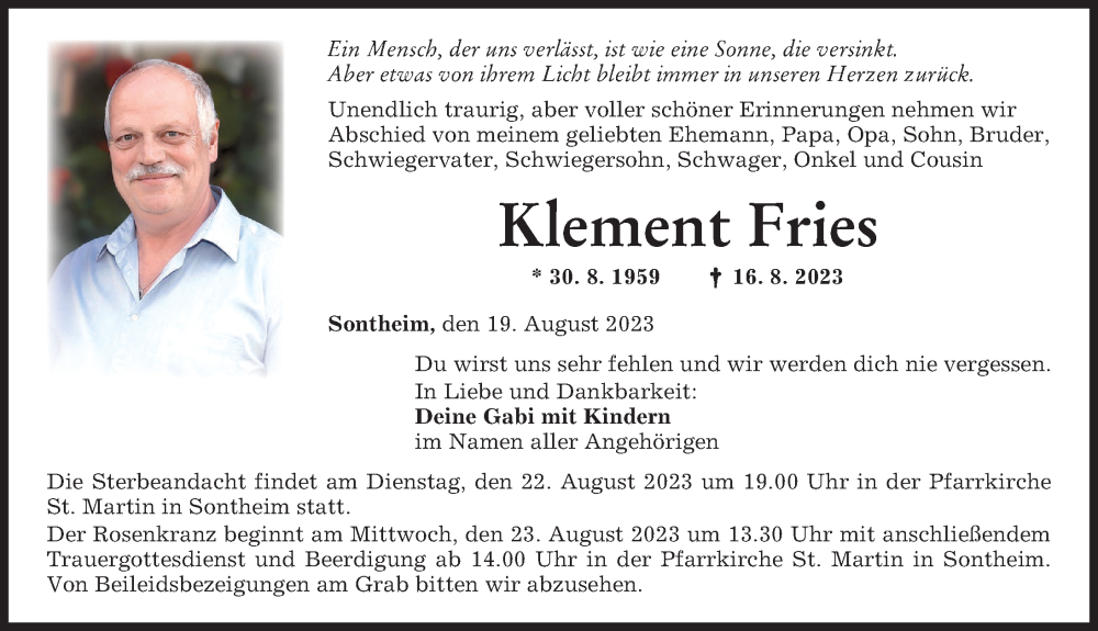  Traueranzeige für Klement Fries vom 19.08.2023 aus Memminger Zeitung