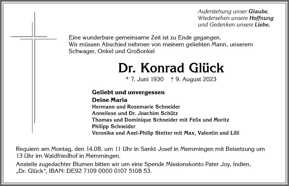 Traueranzeige für Konrad Glück vom 12.08.2023 aus Memminger Zeitung