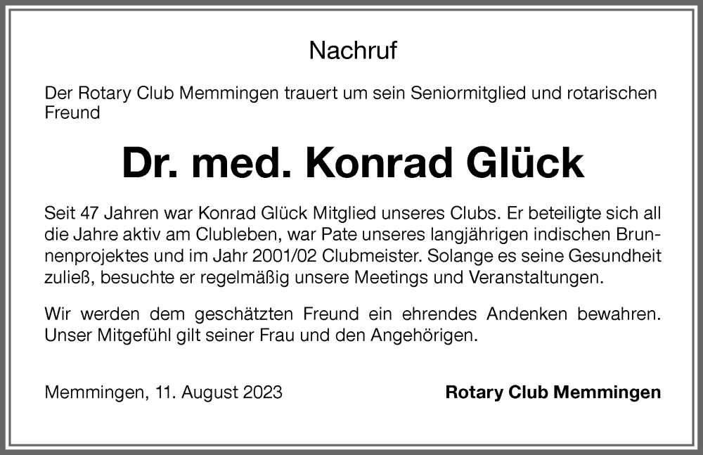  Traueranzeige für Konrad Glück vom 12.08.2023 aus Memminger Zeitung