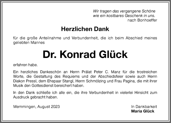 Traueranzeige von Konrad Glück von Memminger Zeitung
