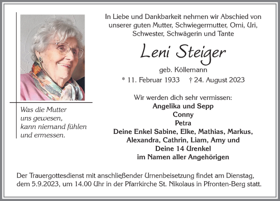 Traueranzeige von Leni Steiger von Allgäuer Zeitung, Füssen