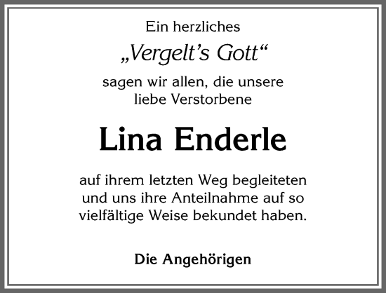 Traueranzeige von Lina Enderle von Allgäuer Zeitung,Kempten