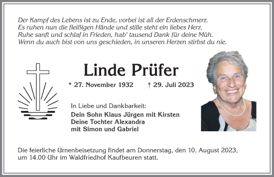 Traueranzeige von Linde Prüfer von Mindelheimer Zeitung, Augsburger Allgemeine